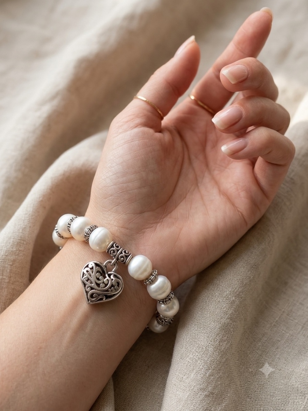 Cultured Pearl Bead Bracelet with Filigree Heart Charm - White